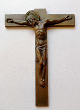 Load image into Gallery viewer, SOLD Art Deco Bronze Wall Crucifix By J. HARTMANN German Sculptor 1920s, Solid Bronze Corpus Christi And Cross 19x14 Centimetres