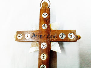 Antique Jerusalem Cross of Olive Wood inlaid with Mother of Pearl 19th Century, Superb Quality, 15 x 8 Centimetres