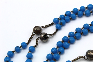 SOLD Rare 15 Decade Nun's Rosary, Opaline Hail Mary Beads and Steel Our Father Beads, Large Bronze Cross and Link Medal, Lourdes Souvenir 18th C
