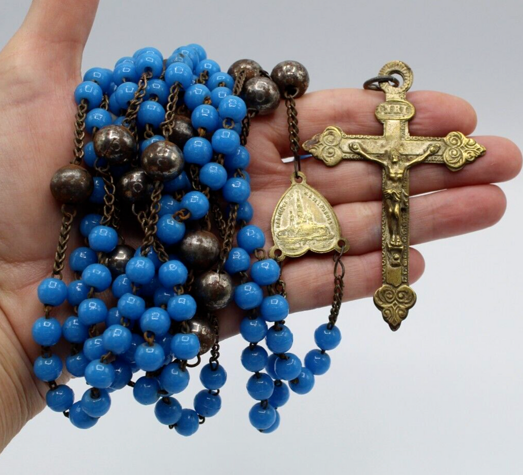 Rare 15 Decade Nun's Rosary, Opaline Hail Mary Beads and Steel Our Father Beads, Large Bronze Cross and Link Medal, Lourdes Souvenir 18th C