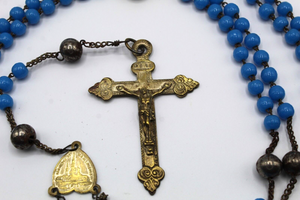 Rare 15 Decade Nun's Rosary, Opaline Hail Mary Beads and Steel Our Father Beads, Large Bronze Cross and Link Medal, Lourdes Souvenir 18th C
