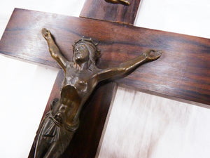 Antique Chapel Cross, Cast Bronze Corpus Christi By Francisco Escudero, Mounted On Straight Grained Ebony, Circa 1890