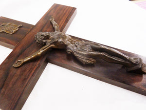 Antique Chapel Cross, Cast Bronze Corpus Christi By Francisco Escudero, Mounted On Straight Grained Ebony, Circa 1890