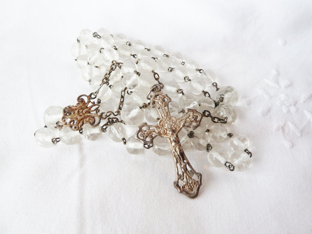 Art Nouveau Rosary, Solid Silver Cross, Links and Chain, Hand Made, Rock Crystal Beads, Hallmarked, Circa 1880