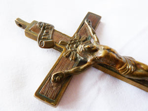 Antique Golgotha Cross Crucifix Handmade With Bronze Corpus Christi, Straight Grained Ebony Mid-Late 18th Century, 13 cm by 6.5 cm