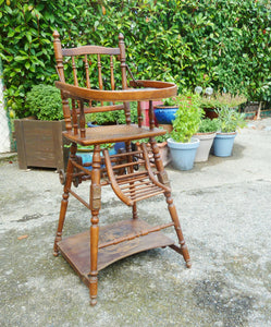 French Carved Folding Up and Down Child High Chair on Wheels, Mid 19th Century, Superb Condition