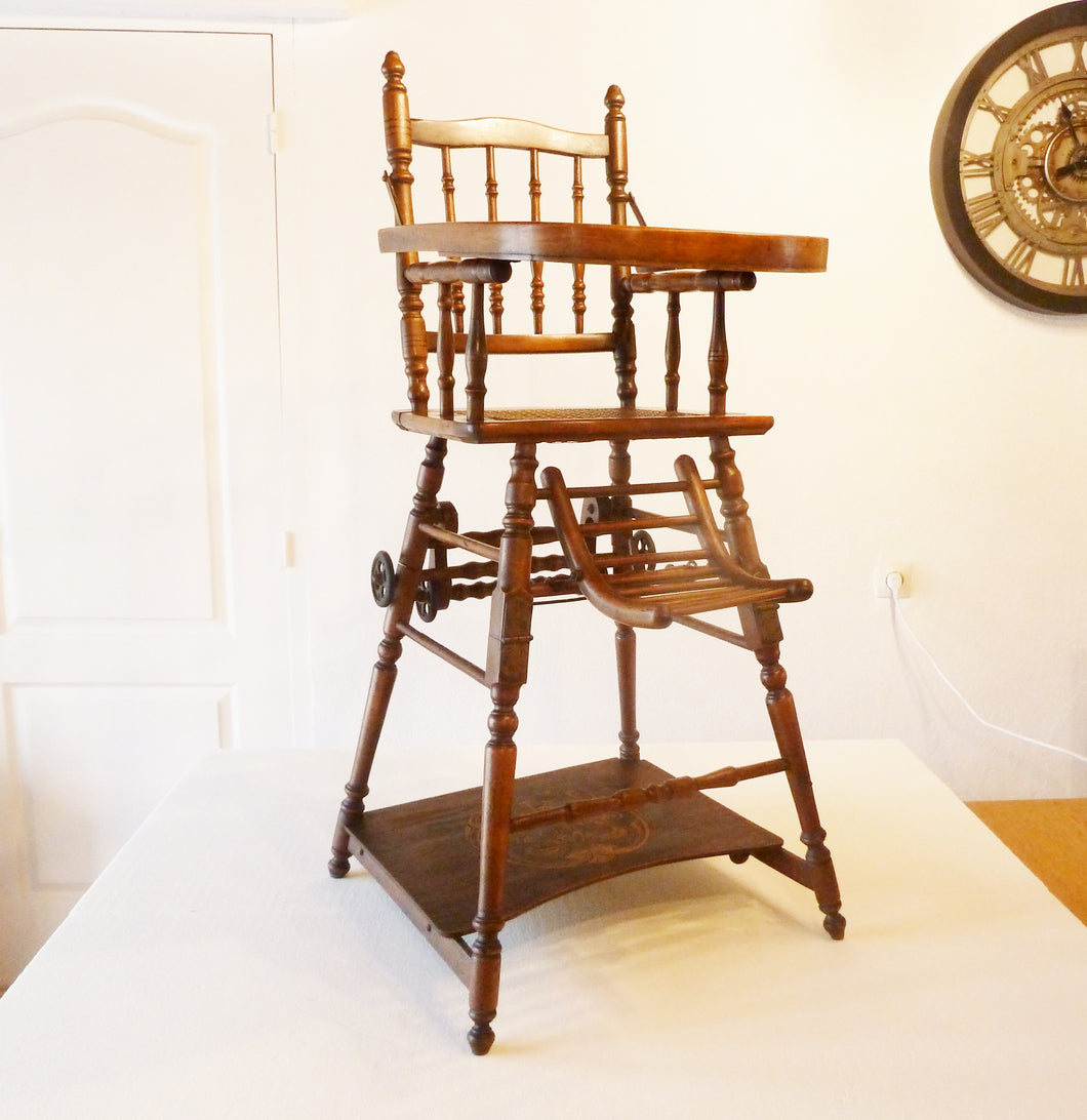 French Carved Folding Up and Down Child High Chair on Wheels, Mid 19th Century, Superb Condition