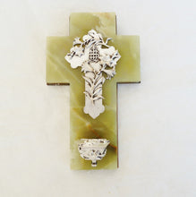 Load image into Gallery viewer, SOLD Holy Water Font, Magnificent Silvered Bronze Cross Set Onto Green Onyx, Silvered Bronze Font 16 x 10 cm, circa 1890