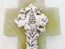 Load image into Gallery viewer, SOLD Holy Water Font, Magnificent Silvered Bronze Cross Set Onto Green Onyx, Silvered Bronze Font 16 x 10 cm, circa 1890