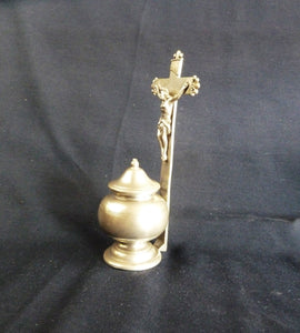 Holy Water Font, Antique Pewter Stoup, Crowned Rose Insignia On Base, Circa 1860