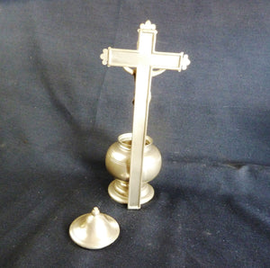 Holy Water Font, Antique Pewter Stoup, Crowned Rose Insignia On Base, Circa 1860