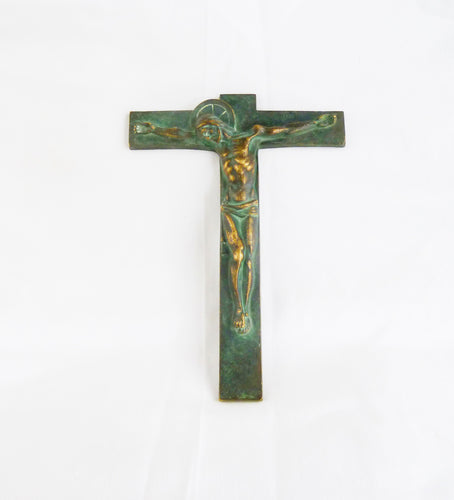 Art Deco Bronze Wall Crucifix By J. HARTMANN German Sculptor 1920s, Solid Bronze Corpus Christi And Cross 19x14 Centimetres