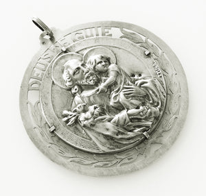 SOLD Silver Christian Medal, Saint Joseph With Jesus, Portuguese, Hallmarked, 5.6 Centimetres Diameter, Signed TTUNA