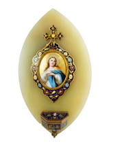 Load image into Gallery viewer, Holy Water Font, 19th Century Cloisonne, With Hand Painted Figure of Christ On Porcelain, set onto pale green onyx.