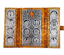 Load image into Gallery viewer, Portable Stations Of The Cross Shrine, Pewter Engravings Set On Tan Leather, Gold Blocked, Beautiful Condition