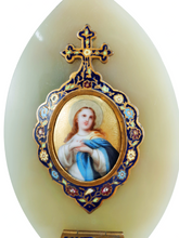 Load image into Gallery viewer, Holy Water Font, 19th Century Cloisonne, With Hand Painted Figure of Christ On Porcelain, set onto pale green onyx.