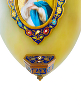 Load image into Gallery viewer, Holy Water Font, 19th Century Cloisonne, With Hand Painted Figure of Christ On Porcelain, set onto pale green onyx.