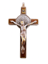 Load image into Gallery viewer, Saint Benedict Cross, Silver Plated Bronze Benedictine Cross, Oak Inserts, Early 20th Century