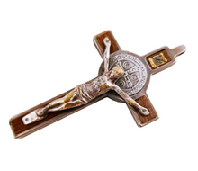 Load image into Gallery viewer, Saint Benedict Cross, Silver Plated Bronze Benedictine Cross, Oak Inserts, Early 20th Century
