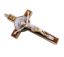 Load image into Gallery viewer, Saint Benedict Cross, Silver Plated Bronze Benedictine Cross, Oak Inserts, Early 20th Century