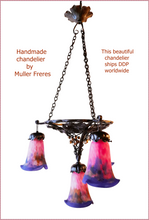 Load image into Gallery viewer, Art Nouveaux Chandelier by Muller Frères of Lunneville, 4 Shades, Hand Made, Perfect Condition - FREE SHIPPING