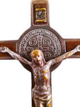 Load image into Gallery viewer, Saint Benedict Cross, Silver Plated Bronze Benedictine Cross, Oak Inserts, Early 20th Century