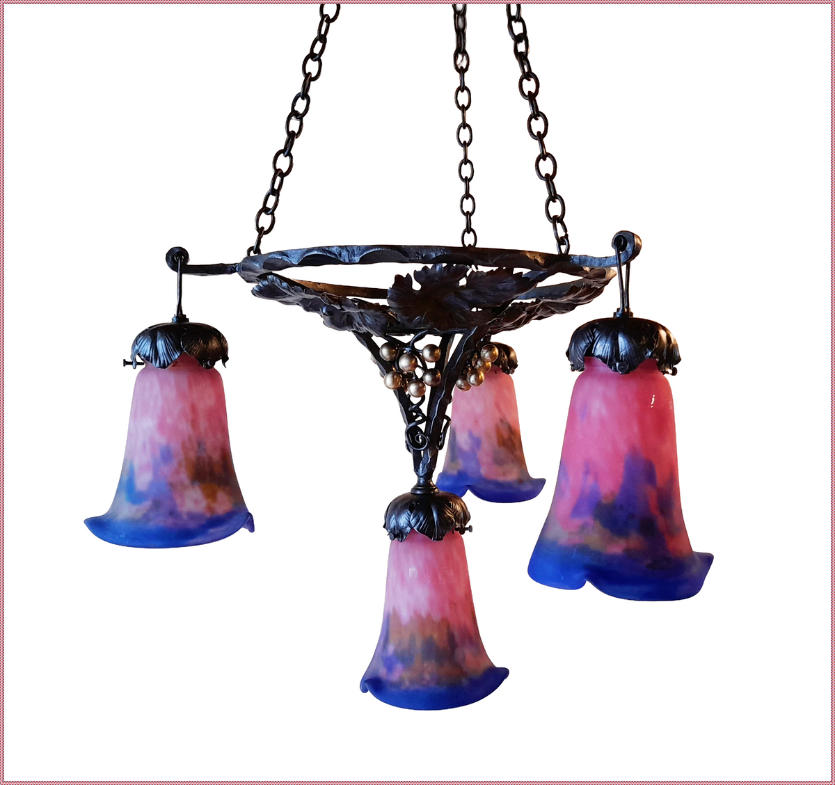 Muller Frères Art Nouveau Chandelier, Four Glass Shades, c. 1900