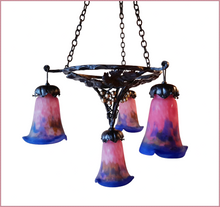 Load image into Gallery viewer, Art Nouveaux Chandelier by Muller Frères of Lunneville, 4 Shades, Hand Made, Perfect Condition - FREE SHIPPING