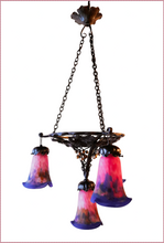 Load image into Gallery viewer, Art Nouveaux Chandelier by Muller Frères of Lunneville, 4 Shades, Hand Made, Perfect Condition - FREE SHIPPING