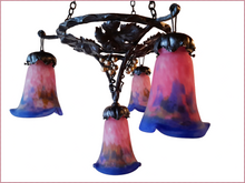 Load image into Gallery viewer, Art Nouveaux Chandelier by Muller Frères of Lunneville, 4 Shades, Hand Made, Perfect Condition - FREE SHIPPING