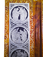 Load image into Gallery viewer, Portable Stations Of The Cross Shrine, Pewter Engravings Set On Tan Leather, Gold Blocked, Beautiful Condition