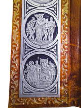 Load image into Gallery viewer, Portable Stations Of The Cross Shrine, Pewter Engravings Set On Tan Leather, Gold Blocked, Beautiful Condition