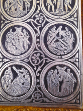 Load image into Gallery viewer, Portable Stations Of The Cross Shrine, Pewter Engravings Set On Tan Leather, Gold Blocked, Beautiful Condition