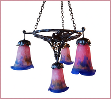 Load image into Gallery viewer, Art Nouveaux Chandelier by Muller Frères of Lunneville, 4 Shades, Hand Made, Perfect Condition - FREE SHIPPING