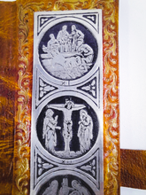 Load image into Gallery viewer, Portable Stations Of The Cross Shrine, Pewter Engravings Set On Tan Leather, Gold Blocked, Beautiful Condition
