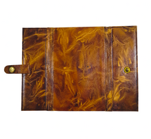 Load image into Gallery viewer, Portable Stations Of The Cross Shrine, Pewter Engravings Set On Tan Leather, Gold Blocked, Beautiful Condition