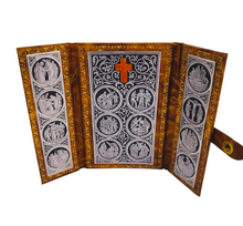 Load image into Gallery viewer, Portable Stations Of The Cross Shrine, Pewter Engravings Set On Tan Leather, Gold Blocked, Beautiful Condition