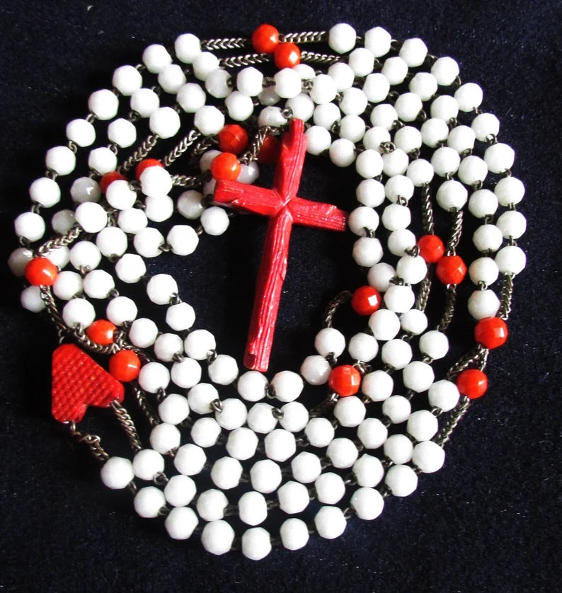 Antique Rosary, 15 Decade Nun's French Rosary, Coral Cross, Link Heart and Our Father Beads, Milk Glass Beads, Circa 1920, Lovely Condition