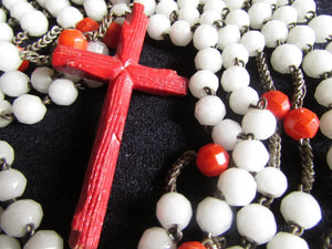 Antique Rosary, 15 Decade Nun's French Rosary, Coral Cross, Link Heart and Our Father Beads, Milk Glass Beads, Circa 1920, Lovely Condition