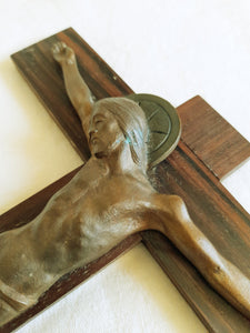 Art Deco Bronze Crucifix By J. HARTMANN German Sculptor 1920s,  Bronze Corpus Christi On Straight Grained Ebony 20x15 Cm, Circa 1920