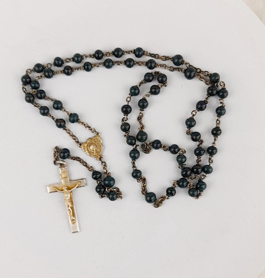 SOLD Antique Catholic Rosary, French , Art Glass Bloodstone Beads, Silver Cross, Link and Chain, 46 Centimetres, Circa 1870, 48 Grams