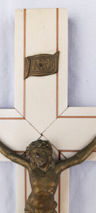 Antique Chapel Cross, Oak Cross Faced With French Ivory, Sandalwood Inlay, Cast Bronze Corpus Christi, Circa 1900