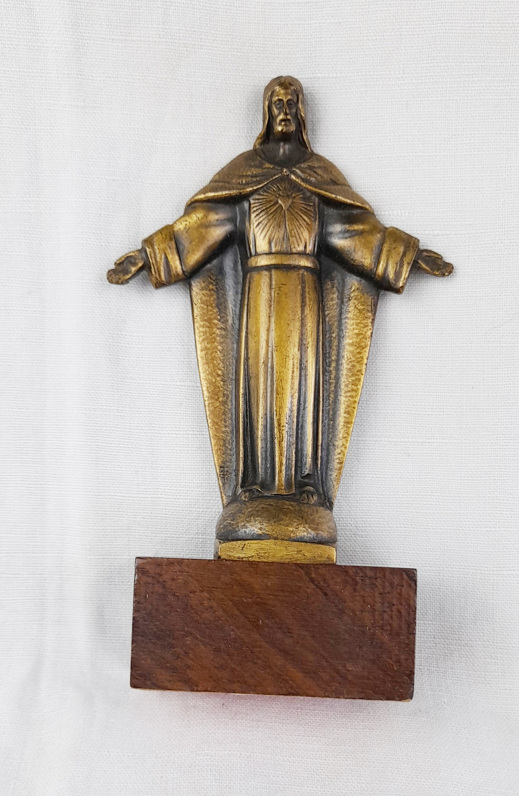 Art Deco Bronze Of Jesus Christ By Maria Caullet Nantard, 6.25 by 4.75 Inches Circa 1925 Solid Bronze On Oak Base