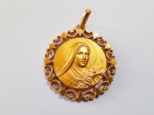 Saint Therese Of The Roses Gold Plated Medal Signed JB For Jean Balme Master Medalist of France, With 18 inch silver rolo chain circa 1930