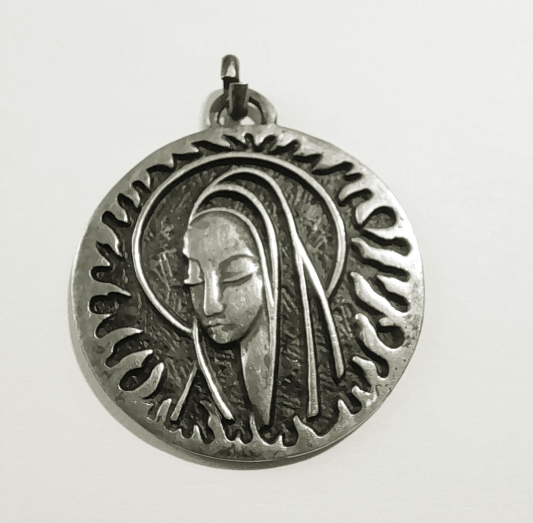 SOLD Art Deco Medal Of The Virgin Mary by Reyt, Solid Silver 3.5 Centimetre Diametre, With 925 Silver 18 inch Chain circa 1930