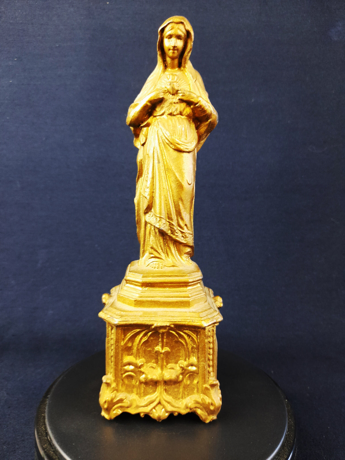 Antigua estatua francesa del Sagrado Corazón de María, peltre dorado, 21 cm, c. 1860
