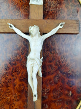 Load image into Gallery viewer, Dieppe Work Ivory Crucifix, Travail Dieppoise, Carved Ivory Corpus Christi 13.5 cm On Oak Cross On Burr Walnut, Circa 1830