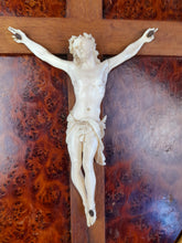 Load image into Gallery viewer, Dieppe Work Ivory Crucifix, Travail Dieppoise, Carved Ivory Corpus Christi 13.5 cm On Oak Cross On Burr Walnut, Circa 1830