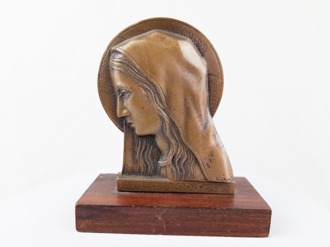 Art Deco Bronze of Our Lady of Lourdes Marked Lojou, Circa 1930, 9x8 centimetres not including the base, Excellent Condition