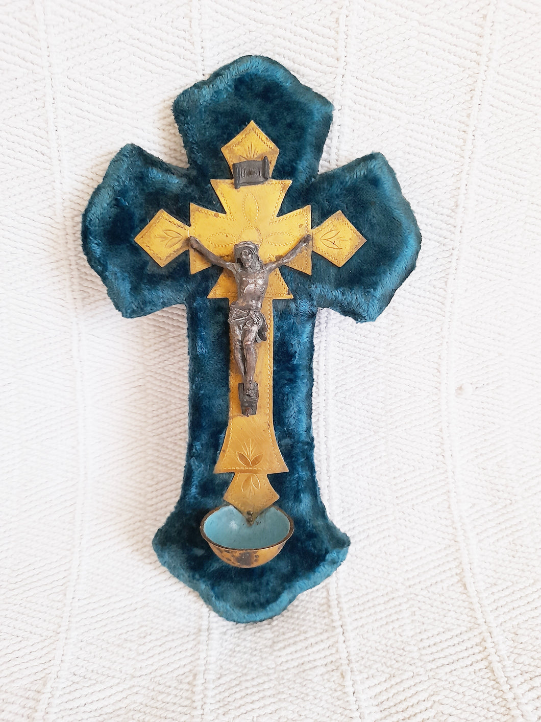 Antique Holy Water Font, French, Blue Plush, Bronze Back Plate, Spelter Corpus Christi, Napoleon III circa 1870